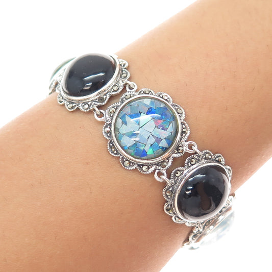 CHAPAL ZENRAY 925 Sterling Silver Vintage Opal Inlay Onyx Marcasite Bracelet 7"