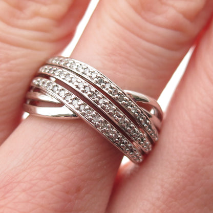 925 Sterling Silver Real Round-Cut Diamond Crisscross Ring Size 7.25