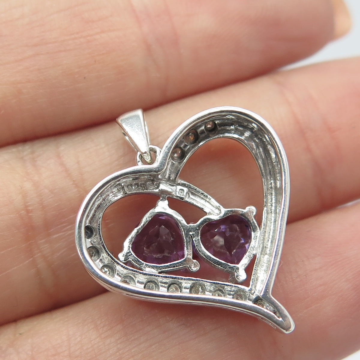 925 Sterling Silver Real Round-Cut White Diamond & Amethyst Heart Pendant