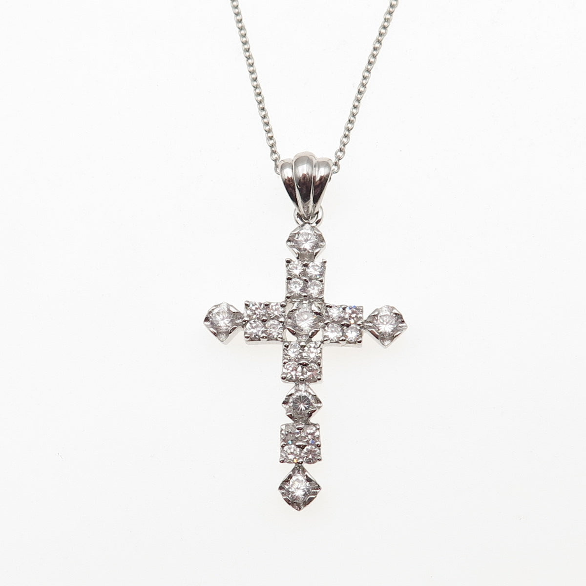 925 Sterling Silver Round-Cut C Z Cross Cable Chain Necklace 18"