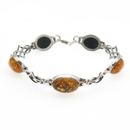 925 Sterling Silver Vintage Real Amber Celtic Knot Oxidized Bracelet 7.25"