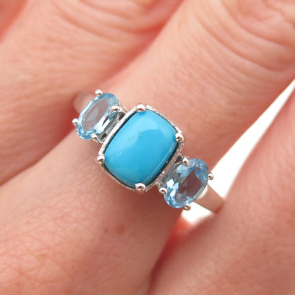 Chuck Clemency 925 Sterling Silver Real Turquoise & Blue Topaz Ring Size 8