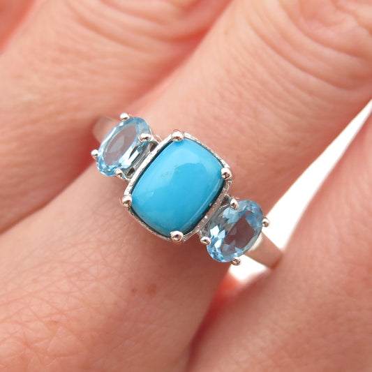 Chuck Clemency 925 Sterling Silver Real Turquoise & Blue Topaz Ring Size 8