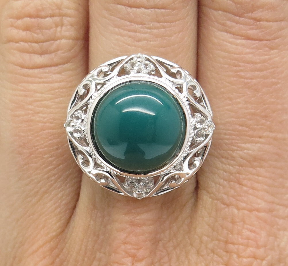 925 Sterling Silver Green Onyx & White Topaz Gem Ornate Swirl Ring Size 7.25