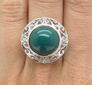 925 Sterling Silver Green Onyx & White Topaz Gem Ornate Swirl Ring Size 7.25