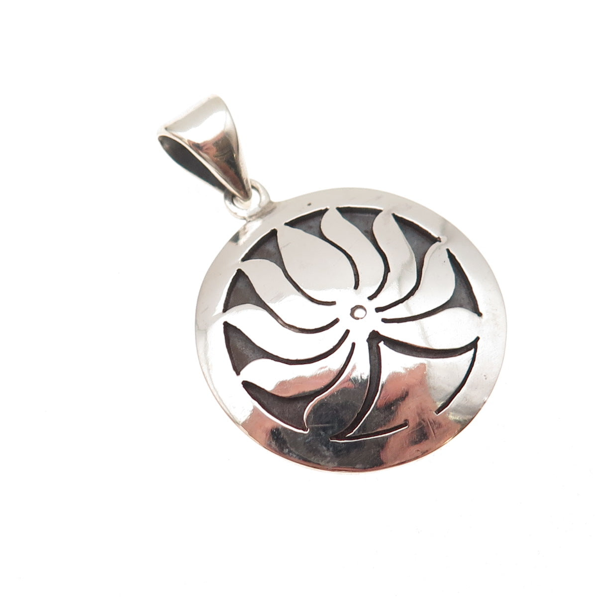 925 Sterling Silver Vintage Lotus Flower Oxidized Disc Charm Pendant