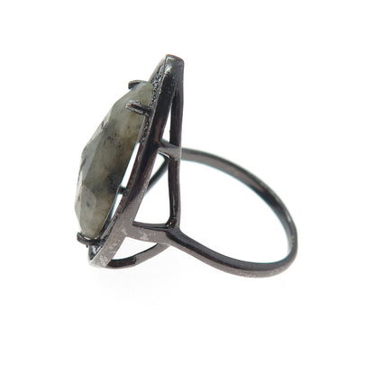 925 Sterling Silver Black Rhodium Real Labradorite & C Z Teardrop Ring Size 9.25