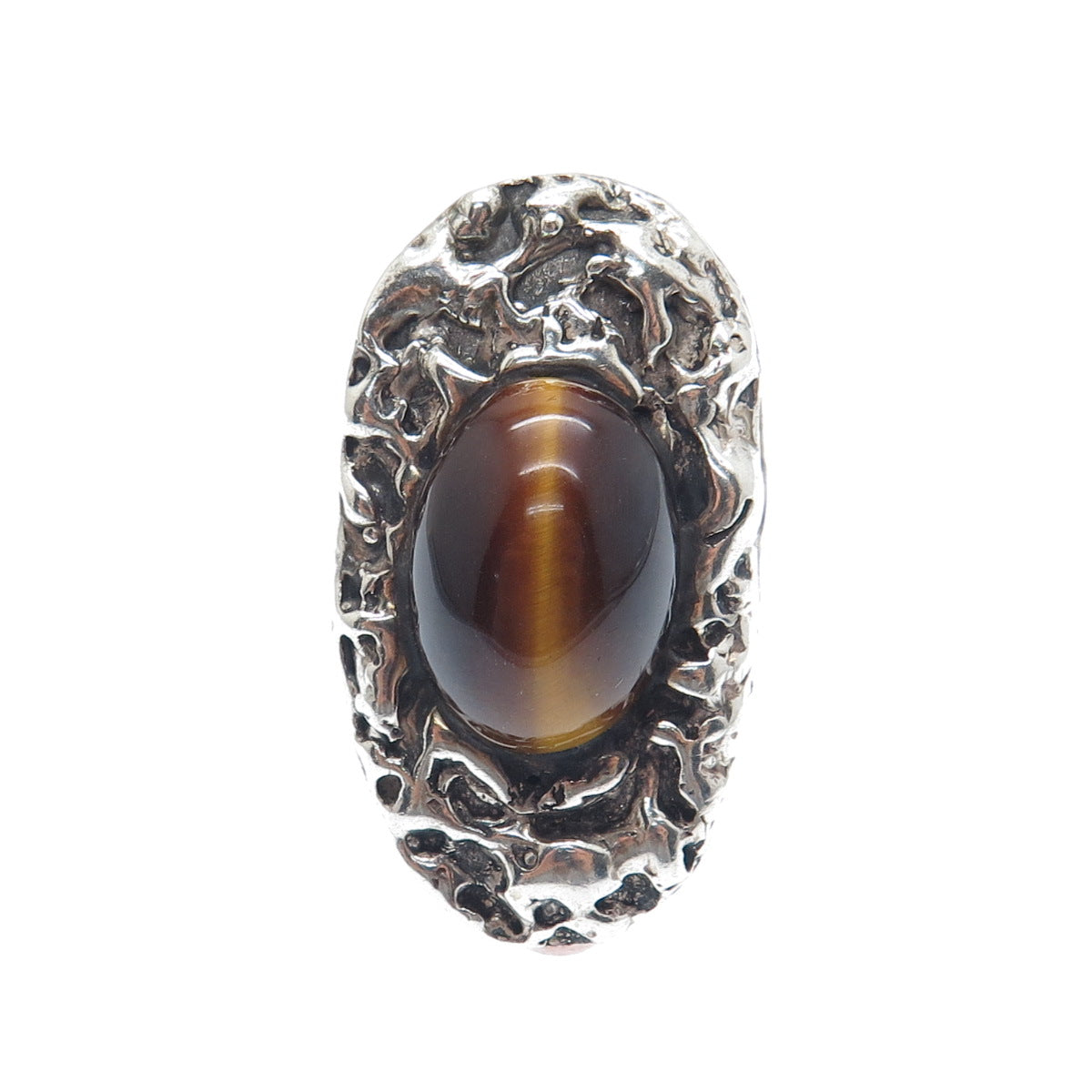 925 Sterling Silver Vintage Real Tiger Eye Modernist Nugget Oxidized Ring Size 8