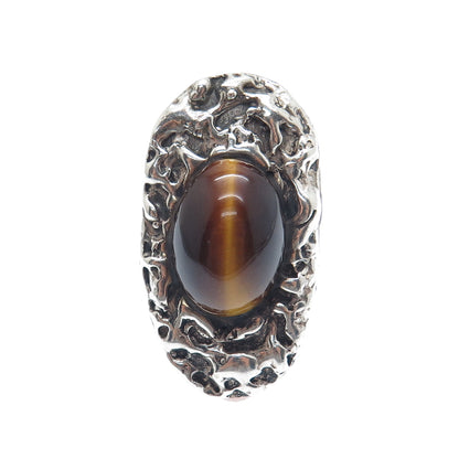 925 Sterling Silver Vintage Real Tiger Eye Modernist Nugget Oxidized Ring Size 8
