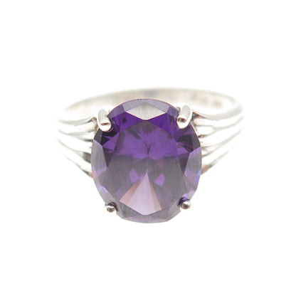 925 Sterling Silver Oval-Cut Purple C Z Ring Size 8.25