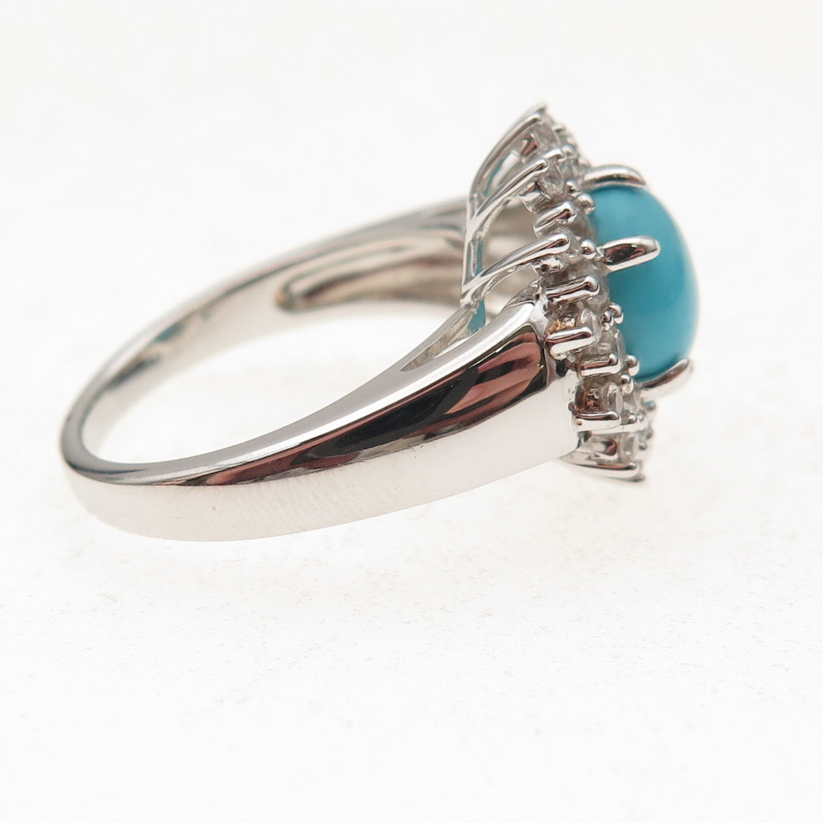925 Sterling Silver Real Turquoise & White Topaz Floral Ring Size 8.25