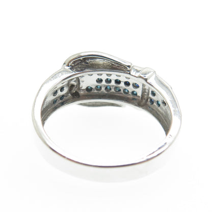 925 Sterling Silver Real Blue & White Diamond Belt Buckle Ring Size 6.25