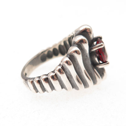 925 Sterling Silver Vintage Real Red Garnet Modernist Oxidized Ring Size 6.25