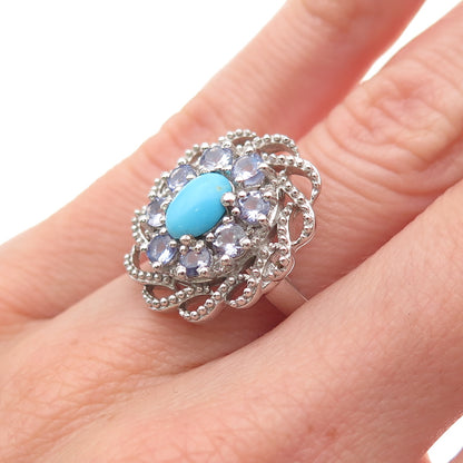 Chuck Clemency 925 Sterling Silver Real Turquoise & Tanzanite Floral Ring Size 6