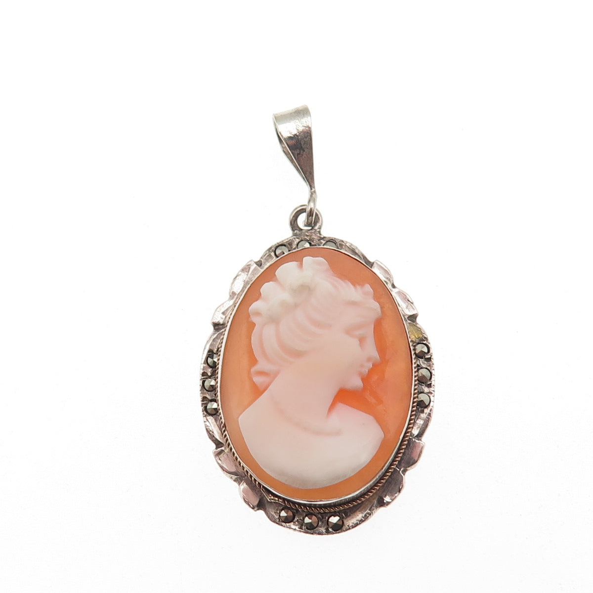 800 Silver Antique Art Deco Real MOP & Marcasite Carved Lady Cameo Charm Pendant