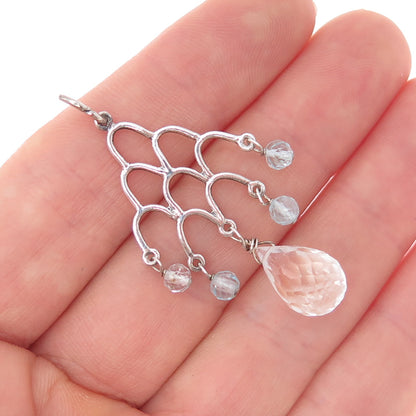 925 Sterling Silver Vintage Real Clear Quartz & Blue Topaz Chandelier Pendant