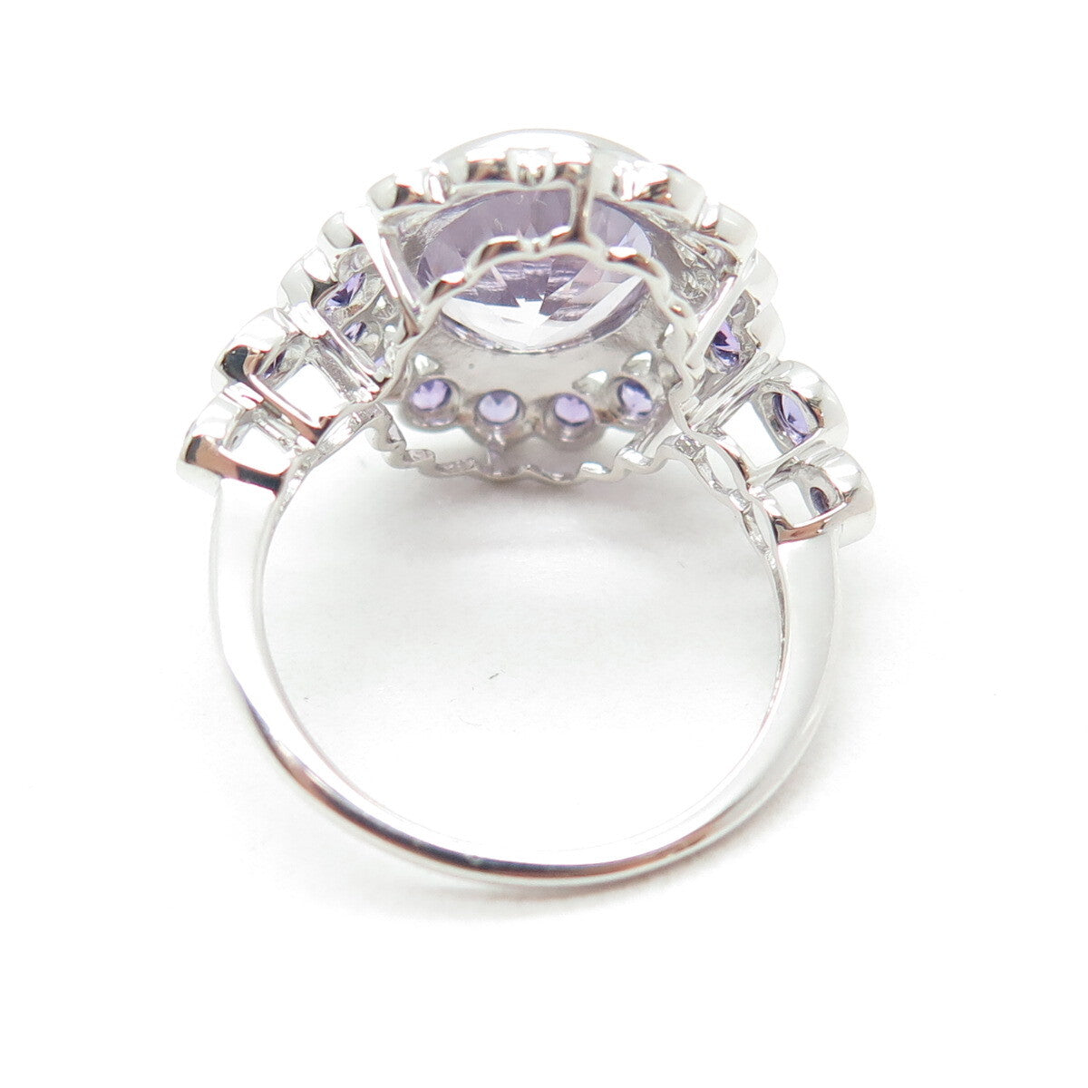 DSMK 925 Sterling Silver Oval & Round-Cut Amethyst Gemstone Ring Size 7.25