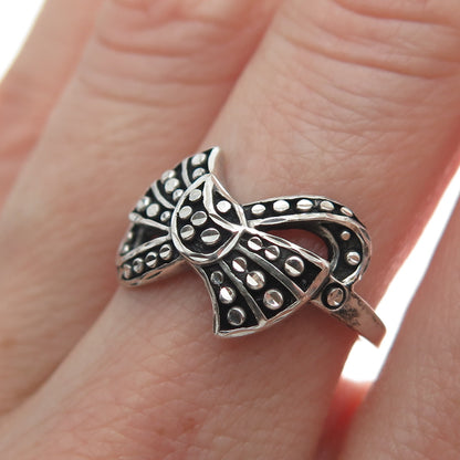 925 Sterling Silver Vintage Diamond-Cut Ribbon Bow Oxidized Ring Size 6.75