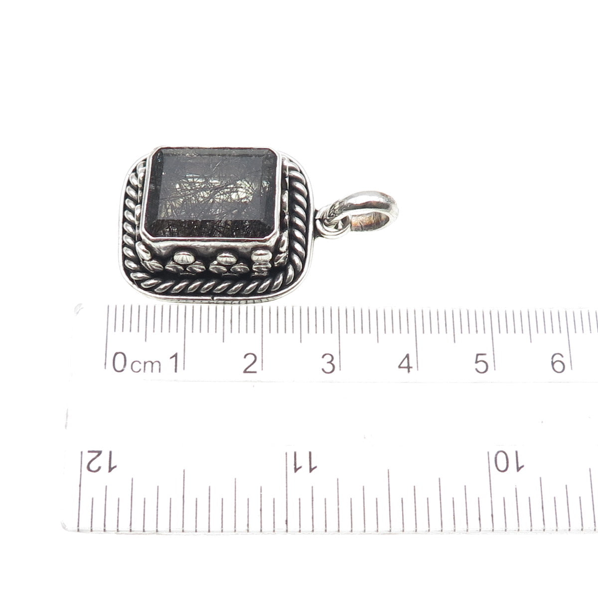 925 Sterling Silver Vintage Real Rutilated Quartz Oxidized Charm Pendant