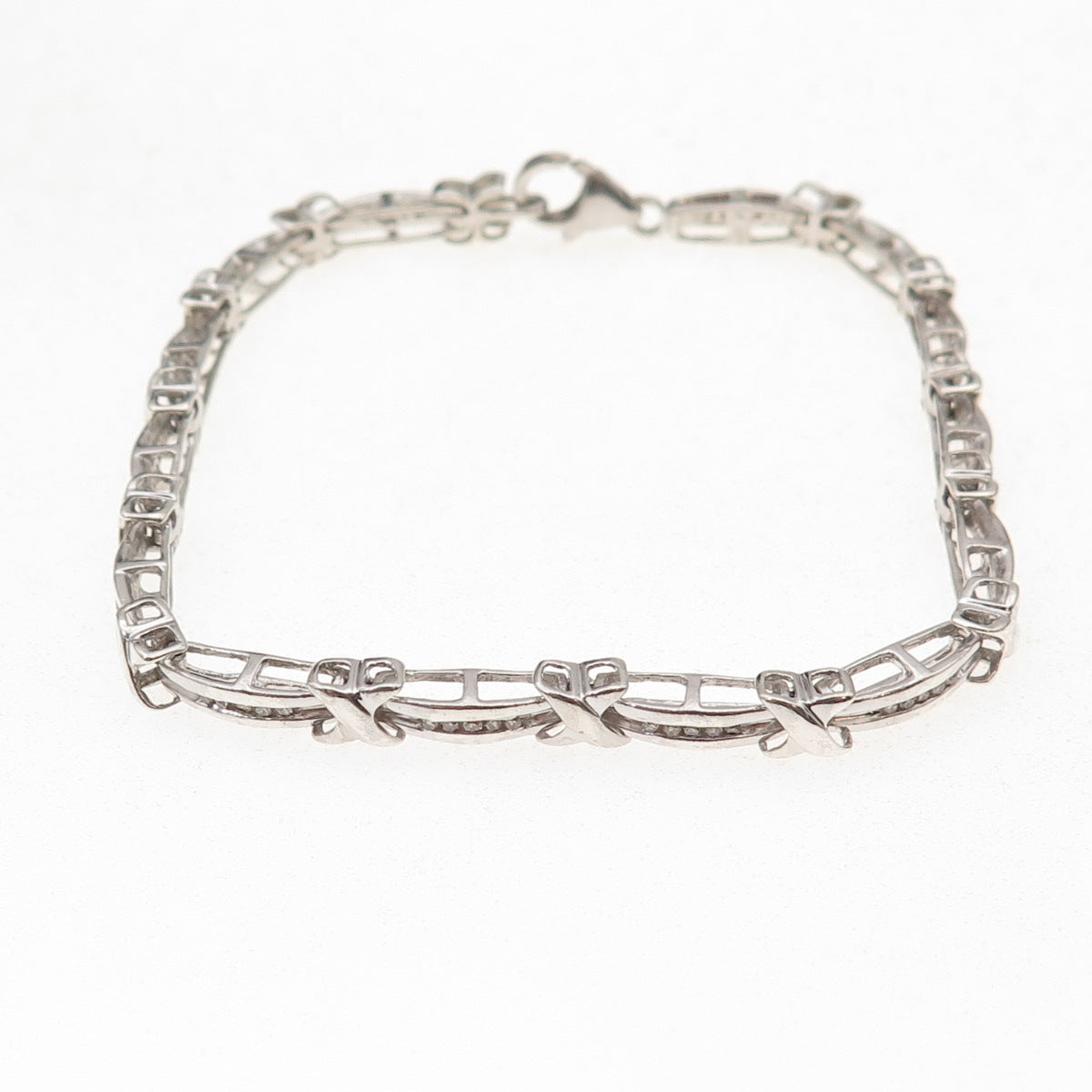 925 Sterling Silver Real Round-Cut Diamond X-Shape Bar Link Bracelet 7.5"