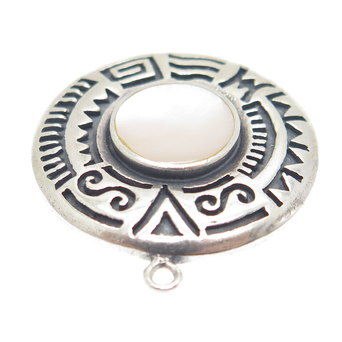 BOMA 925 Sterling Silver Vintage Real Mother-of-Pearl Tribal Round Pendant
