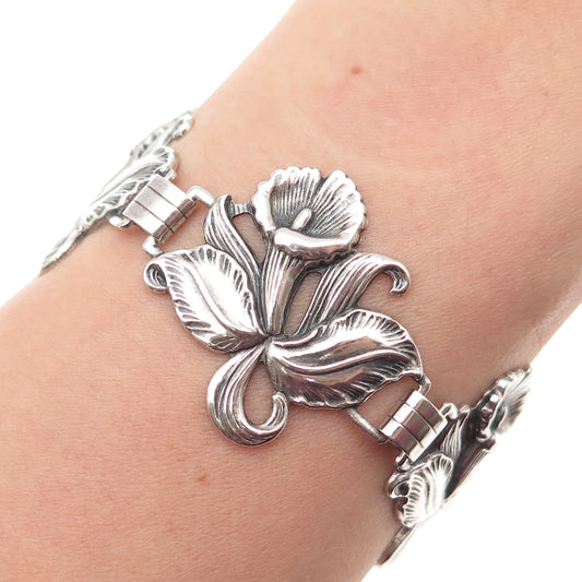 925 Sterling Silver Antique Art Deco Trumpet Flower Bracelet 7.5" Pat. 236854