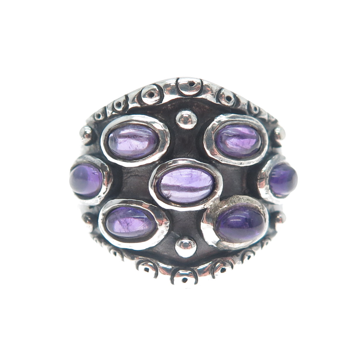 925 Sterling Silver Vintage Real Amethyst Cluster Oxidized Ring Size 8