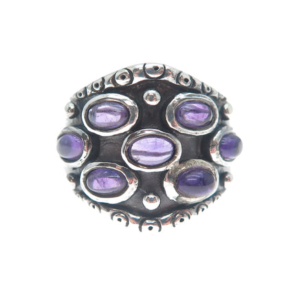 925 Sterling Silver Vintage Real Amethyst Cluster Oxidized Ring Size 8