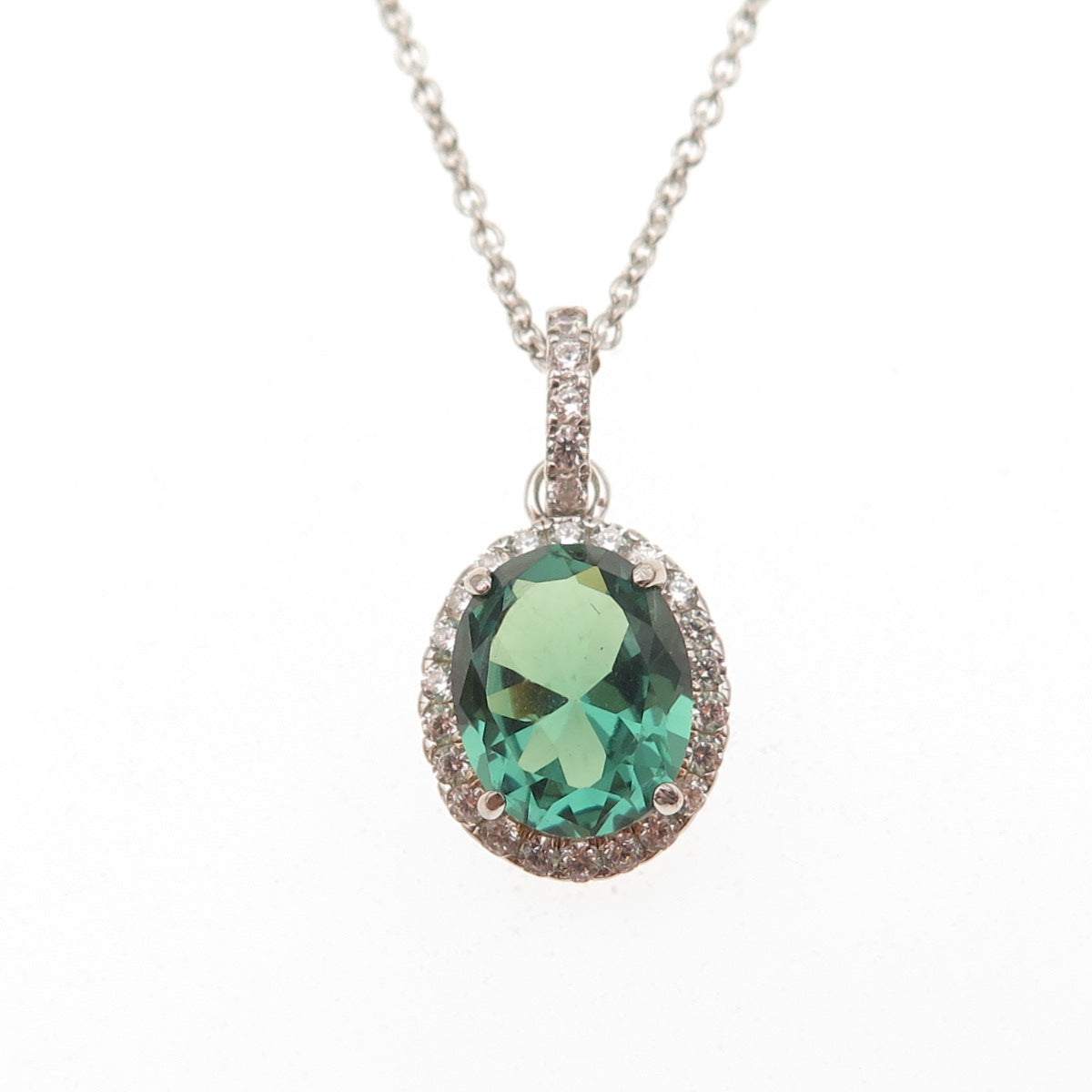 925 Sterling Silver Green & White C Z Cable Chain Necklace 18"