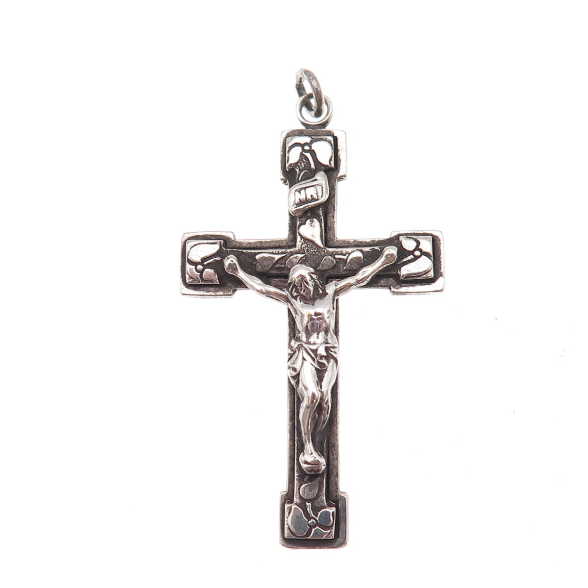 925 Sterling Silver Antique Art Deco Crucifix Cross Oxidized Charm Pendant