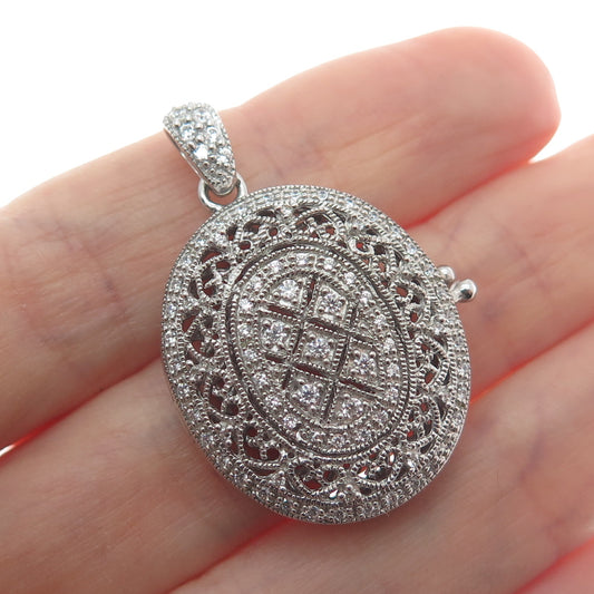 925 Sterling Silver Round-Cut Shaped C Z Ornate Oval Locket Pendant