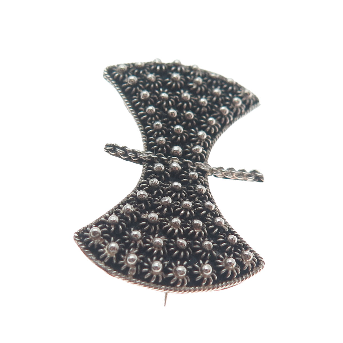 900 Silver Antique Axe Cannetille Floral Oxidized Pin Brooch