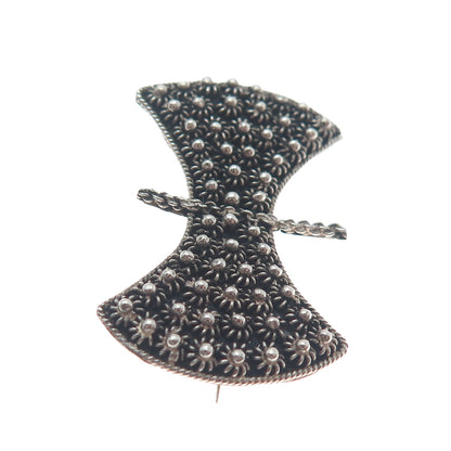 900 Silver Antique Axe Cannetille Floral Oxidized Pin Brooch