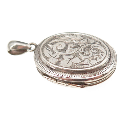 925 Sterling Silver Antique Art Deco Engraved Floral Locket Charm Pendant