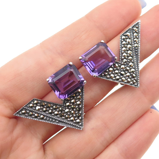 JUDITH JACK Sterling Silver Vintage Real Amethyst & Marcasite Clip On Earrings
