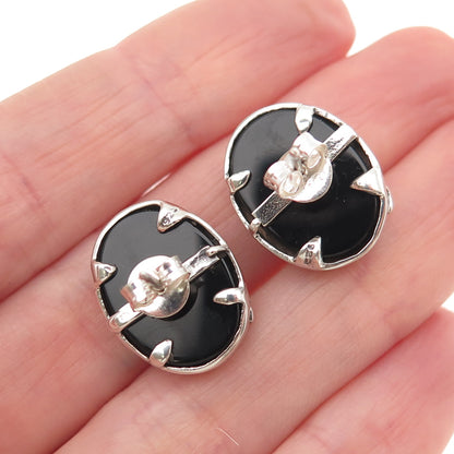 925 Sterling Silver Vintage Real Black Onyx Modernist Twisted Earrings
