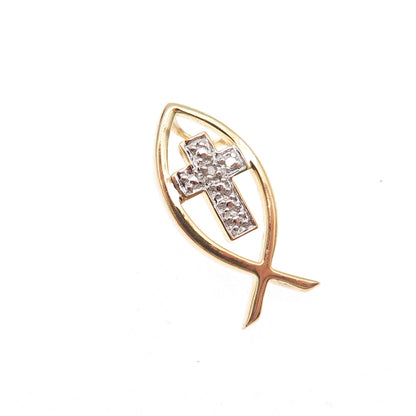 Ross Simons Sterling Silver Gold Plated Real Diamond Cross Ichthys Slide Pendant