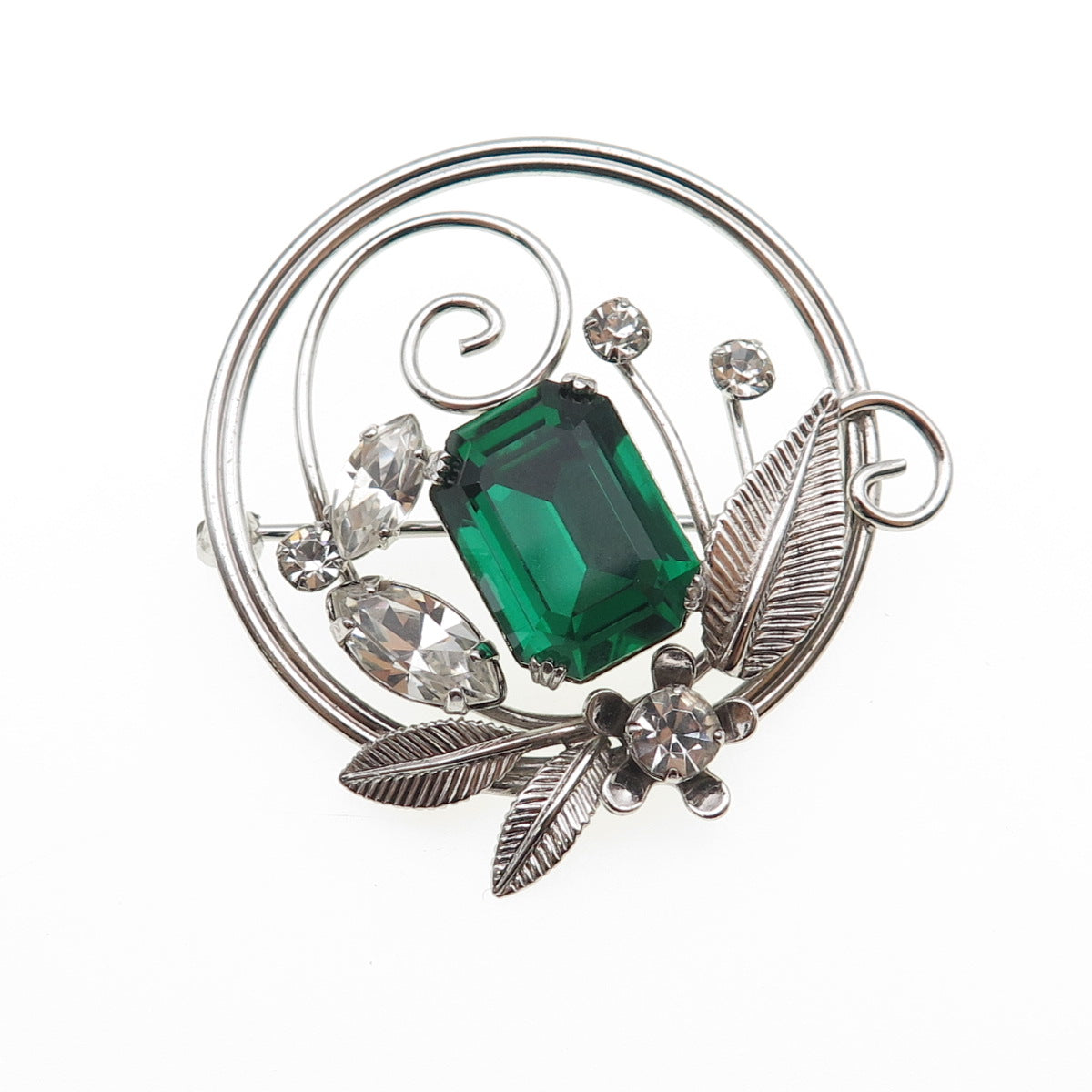 Van Dell 925 Sterling Silver Vintage Rhinestone Floral Oxidized Pin Brooch