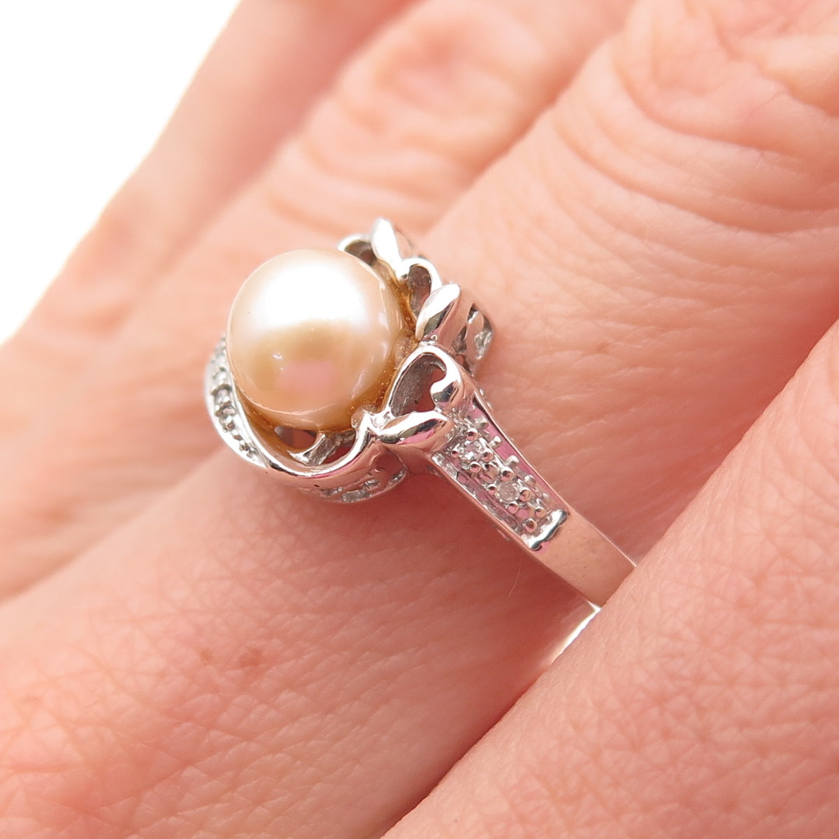 925 Sterling Silver Real Round-Cut Diamond & Pearl Ring Size 6.75