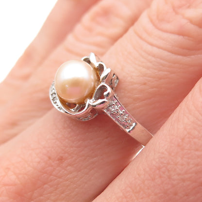 925 Sterling Silver Real Round-Cut Diamond & Pearl Ring Size 6.75