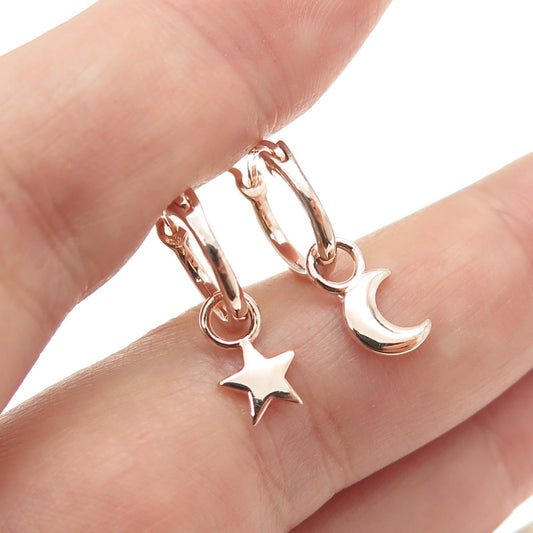 925 Sterling Silver Rose Gold Plated Crescent Moon & Star Hoop Dangling Earrings