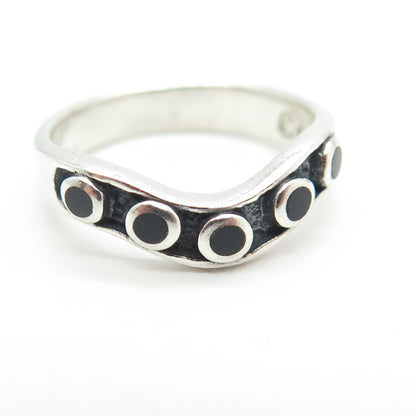 925 Sterling Silver Vintage Black Enamel Wavy Ring Size 6.75