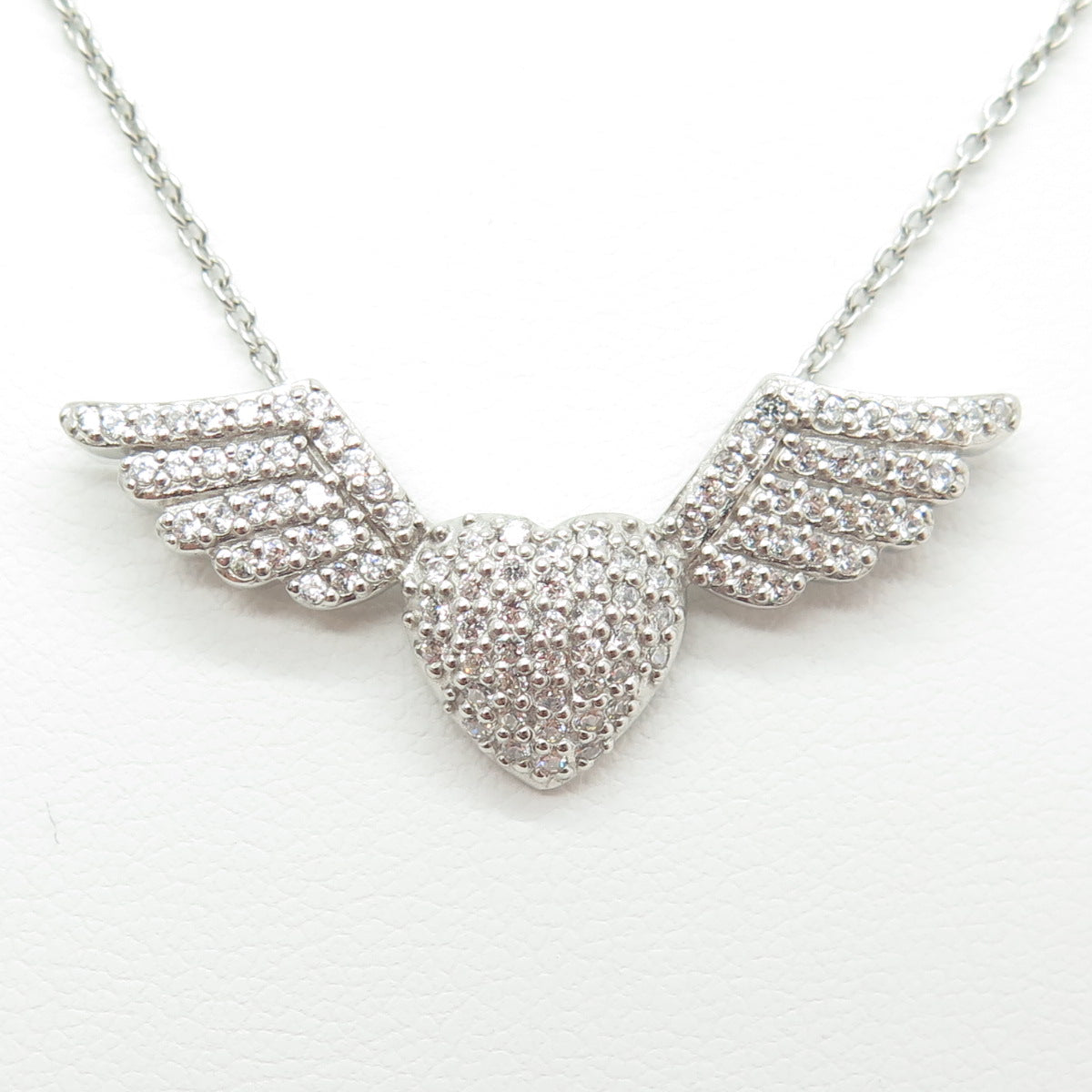 925 Sterling Silver Pave C Z Heart w/Wings Rolo Chain Necklace 18"