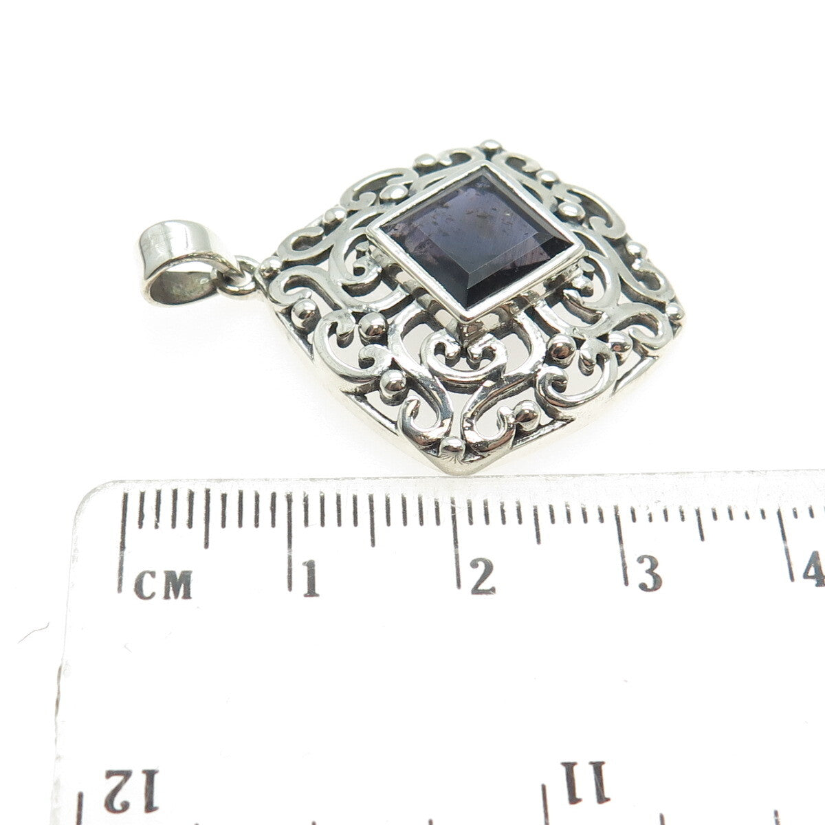 925 Sterling Silver Vintage Real Iolite Gemstone Swirl Ornate Pendant