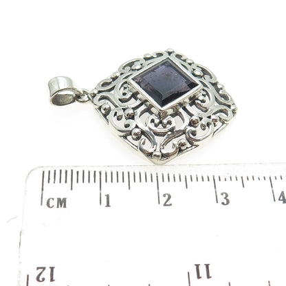 925 Sterling Silver Vintage Real Iolite Gemstone Swirl Ornate Pendant