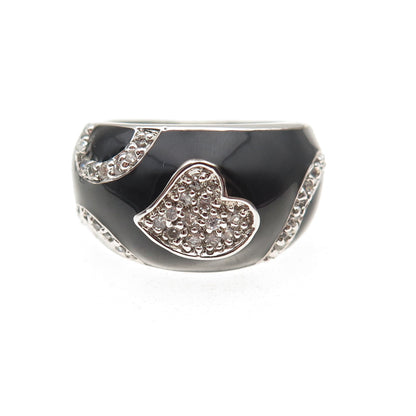 925 Sterling Silver Black Enamel Round-Cut C Z Heart Ring Size 6