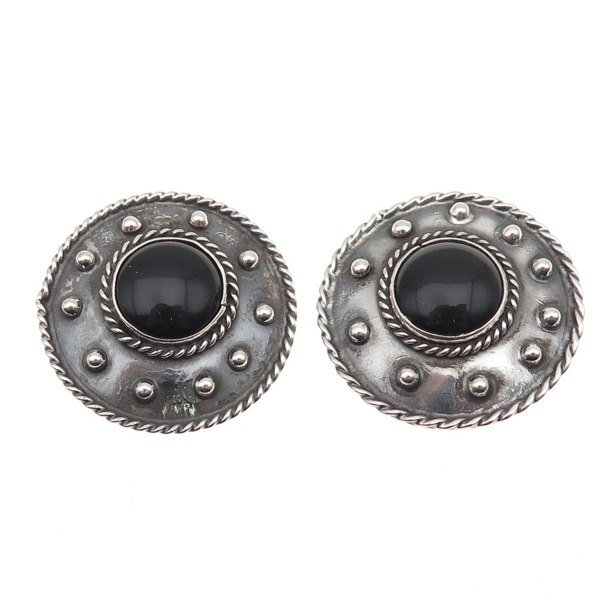 925 Sterling Silver Vintage Mexico Real Black Onyx Oxidized Clip On Earrings