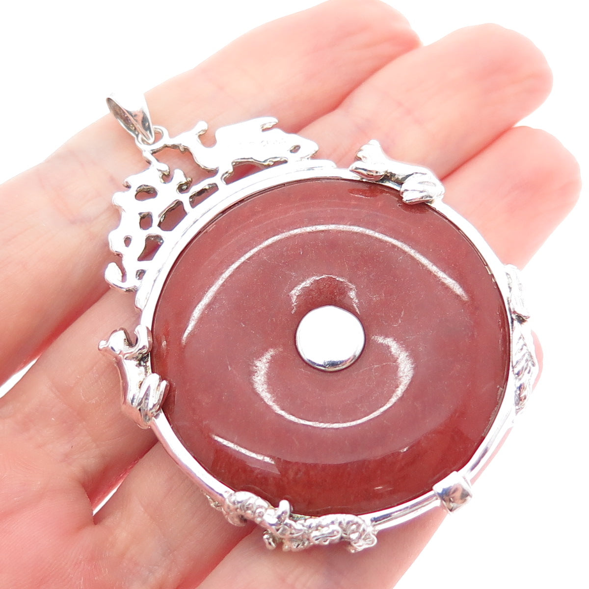 ROSS SIMONS 925 Sterling Silver Vintage Real Red Jade Royal Dragon Pendant