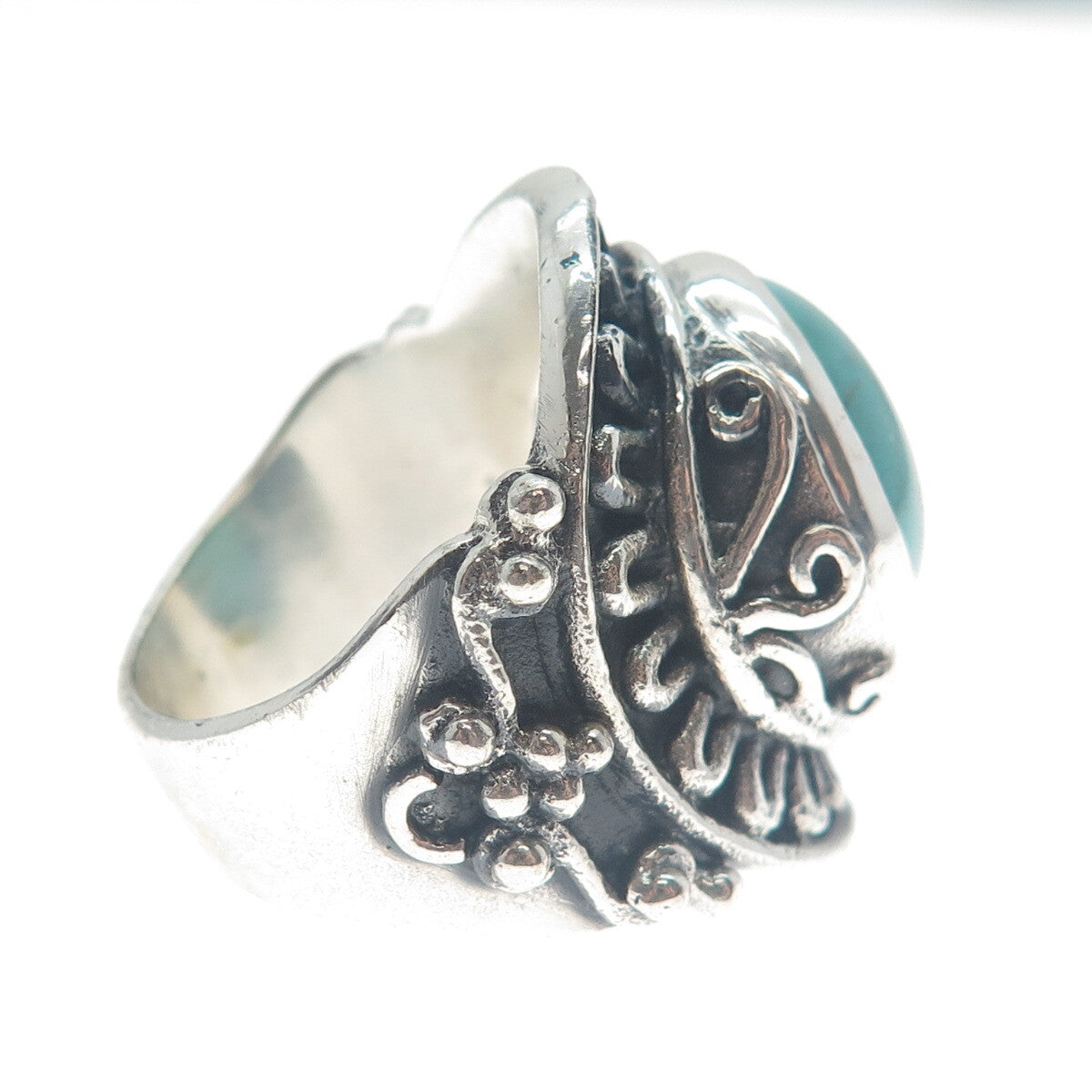 925 Sterling Silver Vintage Real Mountain Turquoise Sun Oxidized Ring Size 10.25