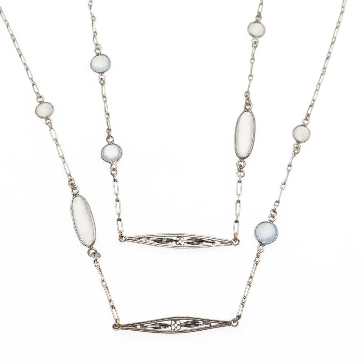 Silver-Tone Antique Art Deco Opalite Long Chain Necklace 56"